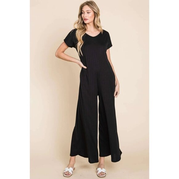 BomBom Ribbed Wide Leg Jumpsuit in Black Sz S Modern Flowy Neutral - Picture 2 of 10